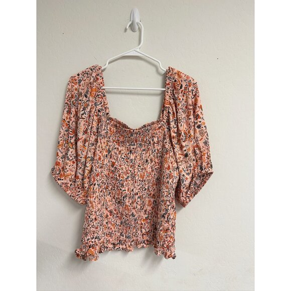 Shirts/NWT Old Navy Peach Floral Smocked Puff Sleeve Peplum Square Neckline XL - Picture 6 of 12
